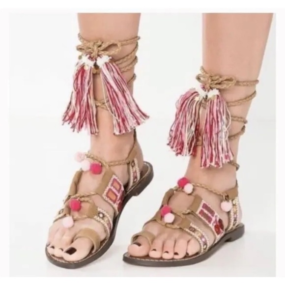 Womens Sam Edelman Sz 8.5 Sandals Gretchen Tassel Lace Up Leather Boho Open Toe - Picture 1 of 7
